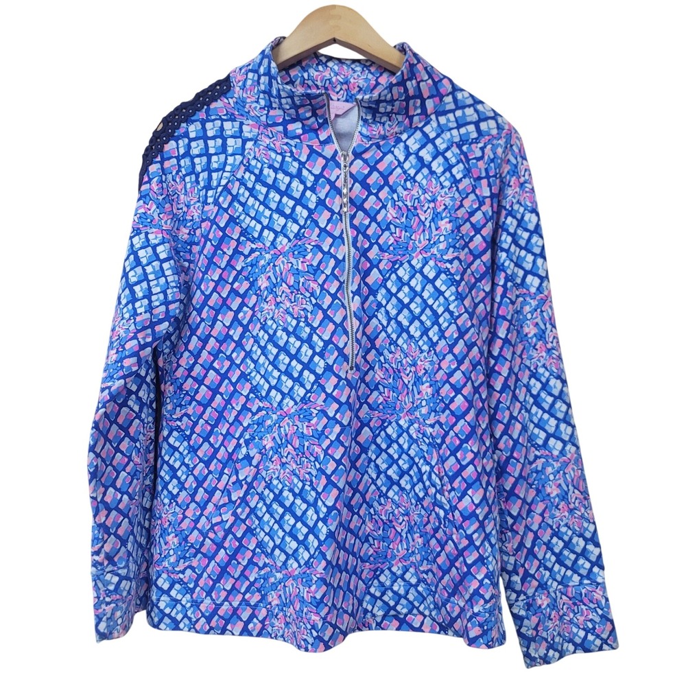Lilly Pulitzer‎ Skipper Popover Blue Pink Geometric Eyelet Quarter Zip Medium